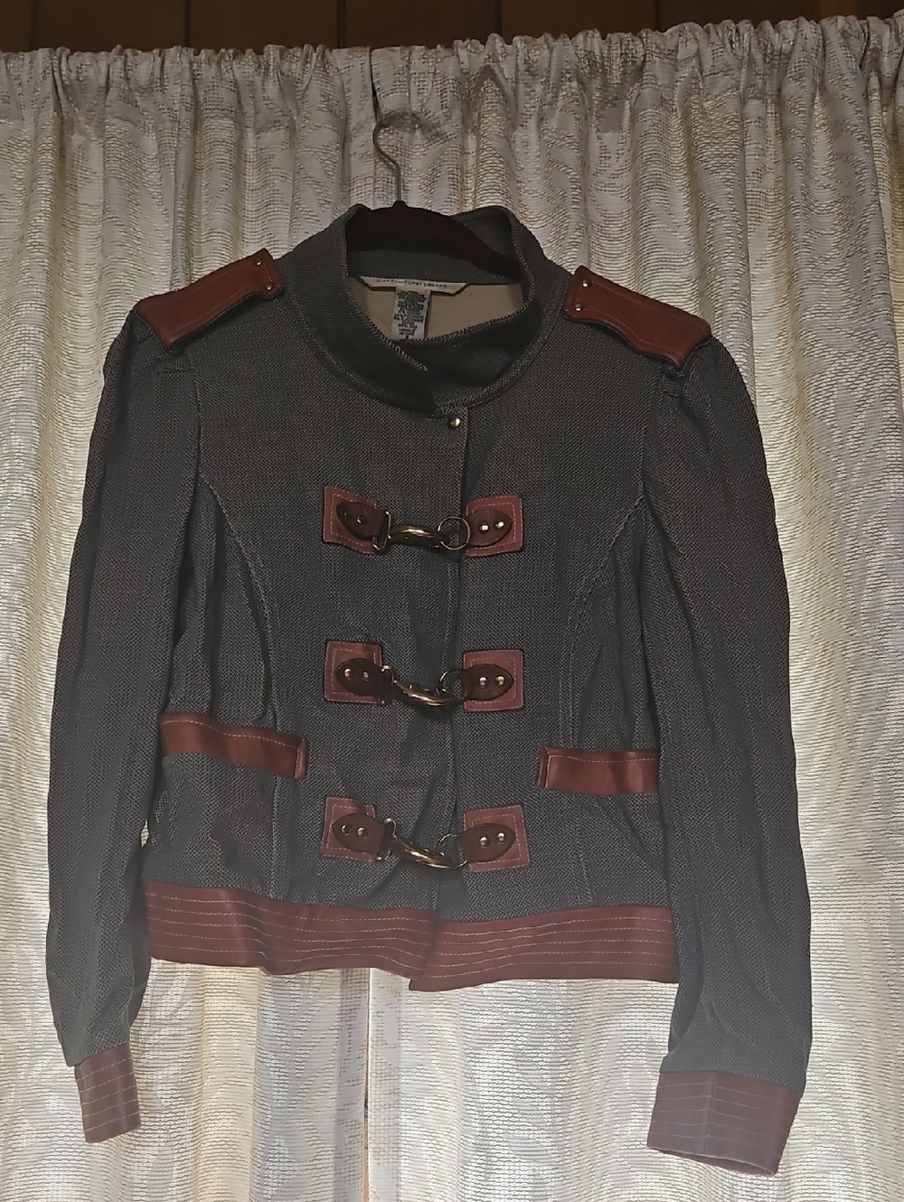 Diane Von Furstenberg Gray Tweed Jacket with Brown Leather Trim